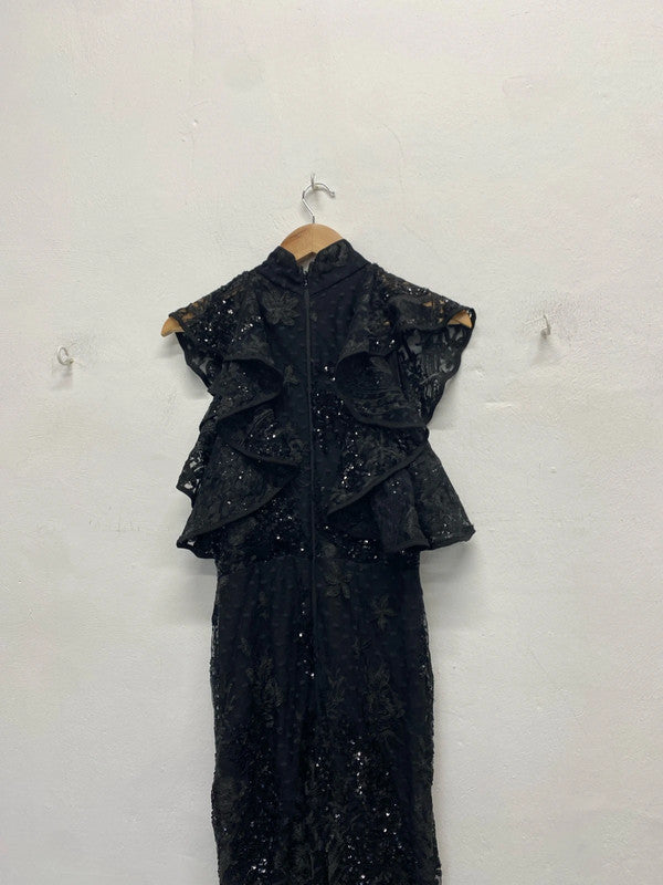 Lovely river island black sequin frill dress formal UK S KM004