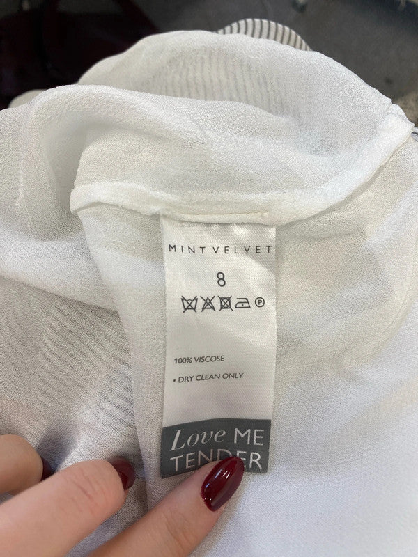 Lovely mint velvet grey striped frill semi sheer blouse UK 8 AG005