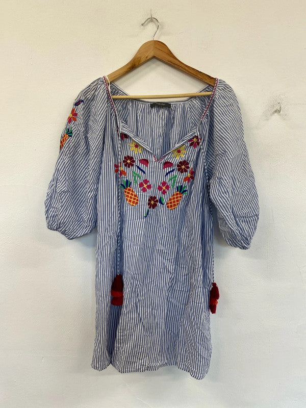Primark Fabulous Blue & White Embroidered Tassel Accent Smock Top Size M IM001