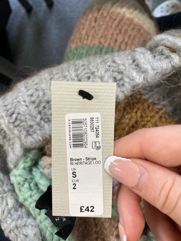 Stylish river island brown stripes heritage loom turtle neck jumper uk 8 KM004