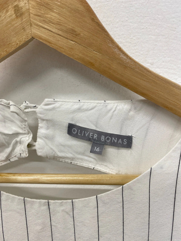 Oliver Bonas Stylish White & Black Stripe Keyhole Back Midi Dress UK 16 VW001