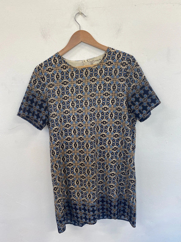 Voulez Vous Elegant Blue & Beige Indian Boho Smock Dress UK 12 GK002