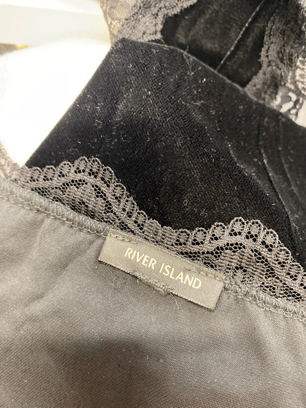 Stunning river island black velvet look lace trim cami top UK S KM004