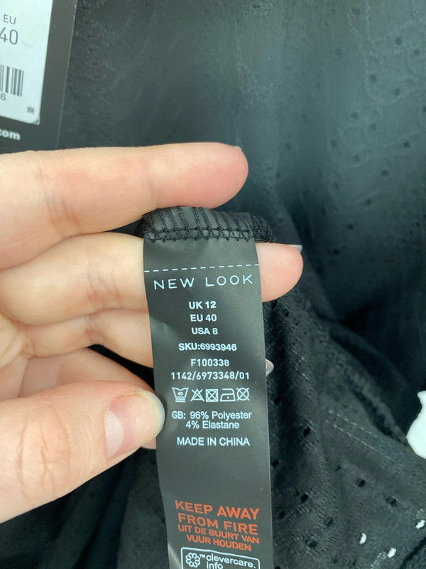 New Look Chic Black Broderie Peplum Top UK 12 NN001