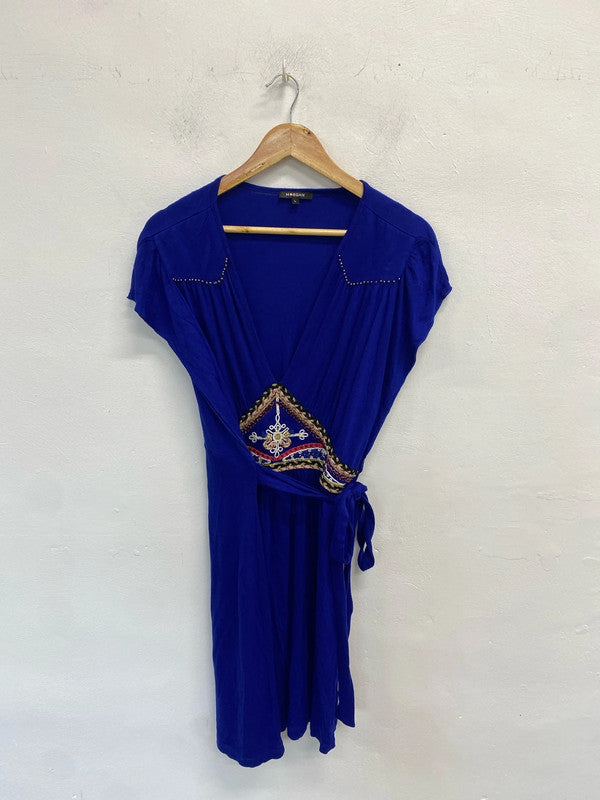 Lovely Morgan de toi blue tie waist pattern blue mid dress UK L JB005