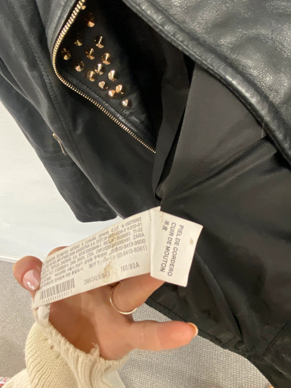 Fabulous Zara women black studded biker jacket UK XS KM004