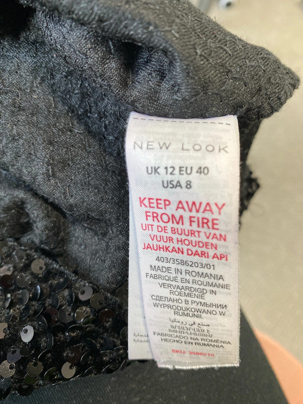 Fabulous New Look black sequin mini dress mesh straps Uk12 LL003