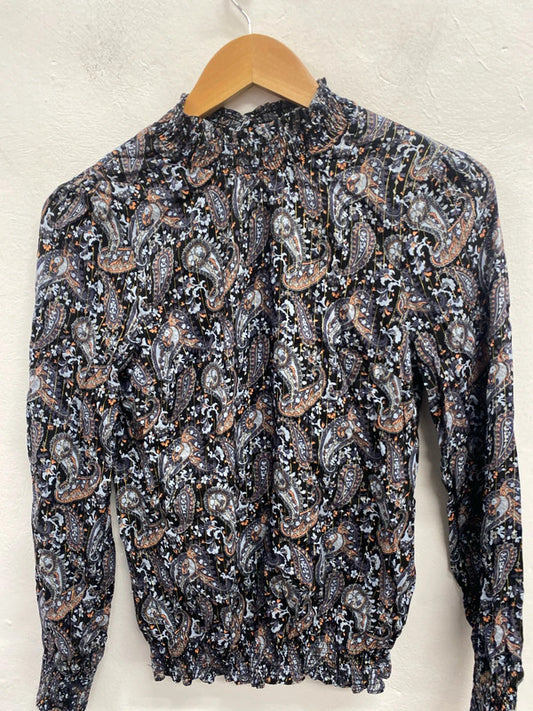 Lovely oasis navy swirl vintage look pattern long sleeve top UK S KM004