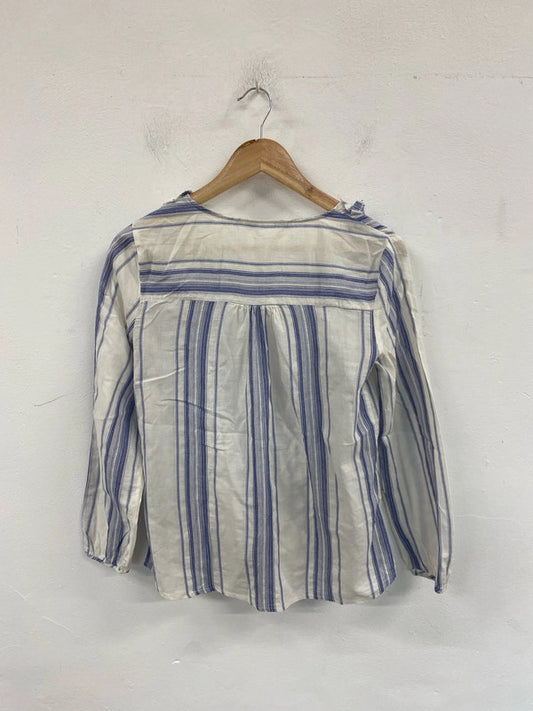 Zara Chic White & Blue Stripe Raw Edge Blouse Size XS AG006