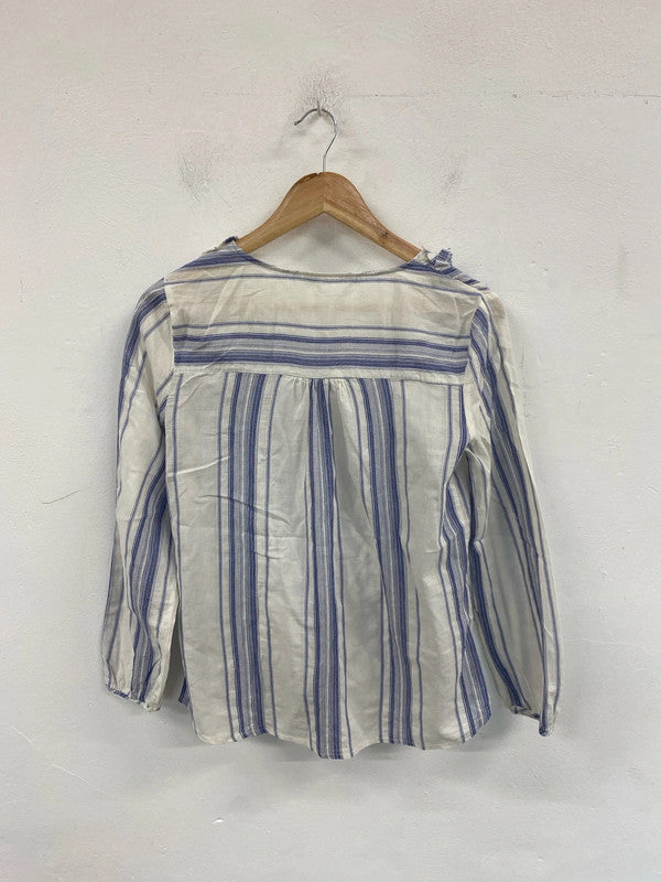 Zara Chic White & Blue Stripe Raw Edge Blouse Size XS AG006