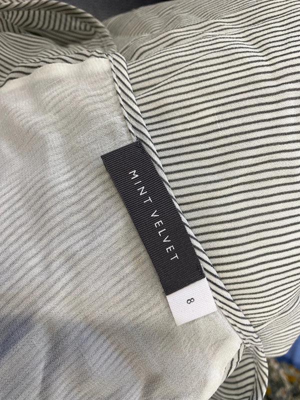 Lovely mint velvet grey striped frill semi sheer blouse UK 8 AG005