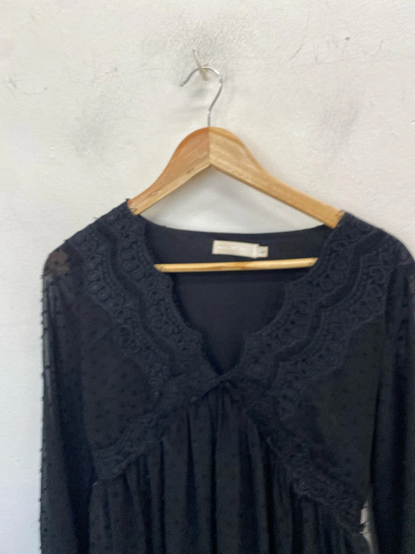 Stunning flamant rose black spotted semi sheer smock dress UK L AE001