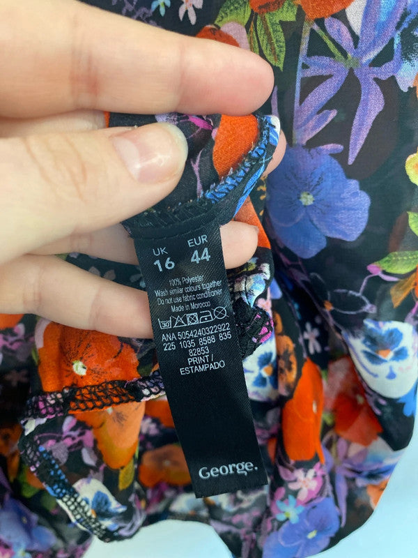 George Stylish Sheer Black Multicoloured Floral Top UK 16 IM001