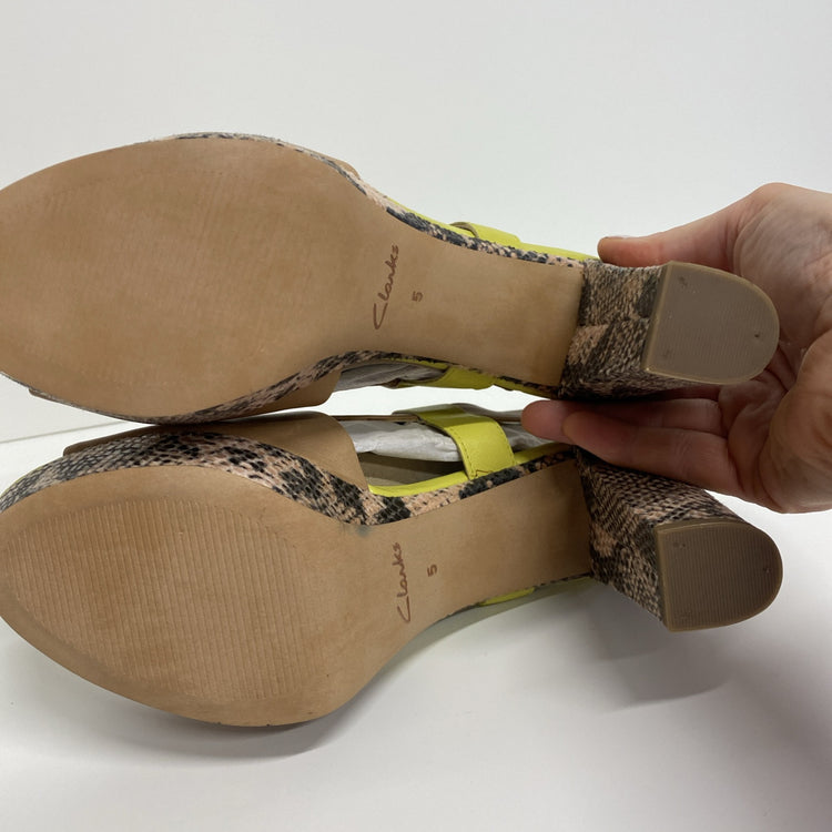 Clarks UK Size 5 Neon Yellow & Snakeskin Block Heel Leather Shoes New LW005