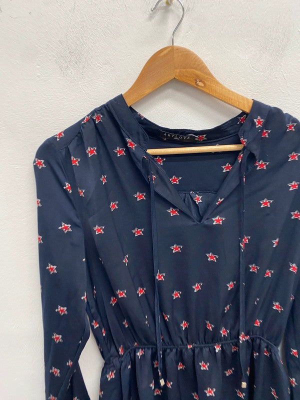 Lovely art love Paris navy star midi dress UK M AG006