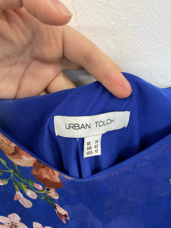 Urban Touch Stunning Blue Botanical Pattern Chiffon Midi Dress UK 14 GW001