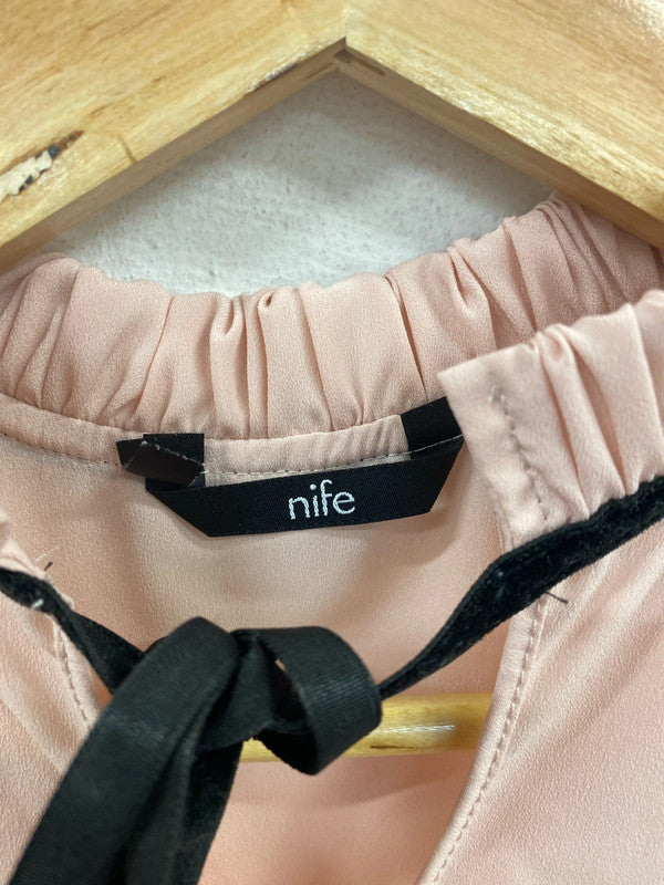 Nife Blush Pink Tie Neck Semi Sheer Blouse Size M AG006
