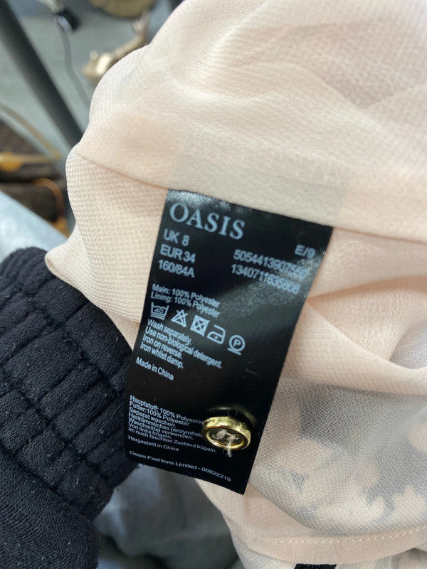 Lovely oasis beige black floral tie waist midi dress UK 8 KM004