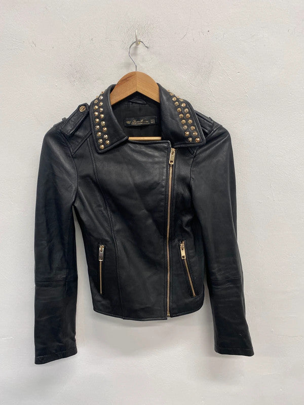 Fabulous Zara women black studded biker jacket UK XS KM004