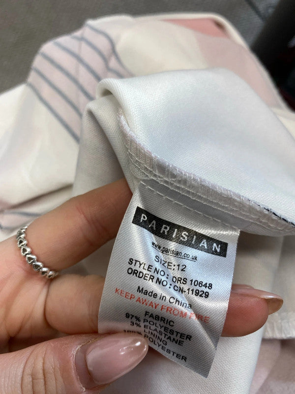 Lovely Parisian white pink stripe summer dress UK 12 JB001