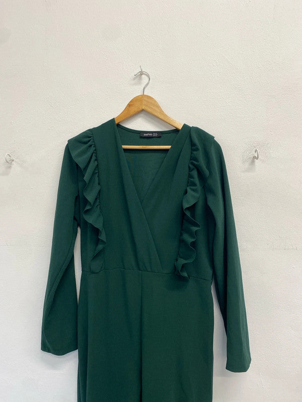 Lovely boohoo Forrest green jumpsuit frill neck UK 14 LB010