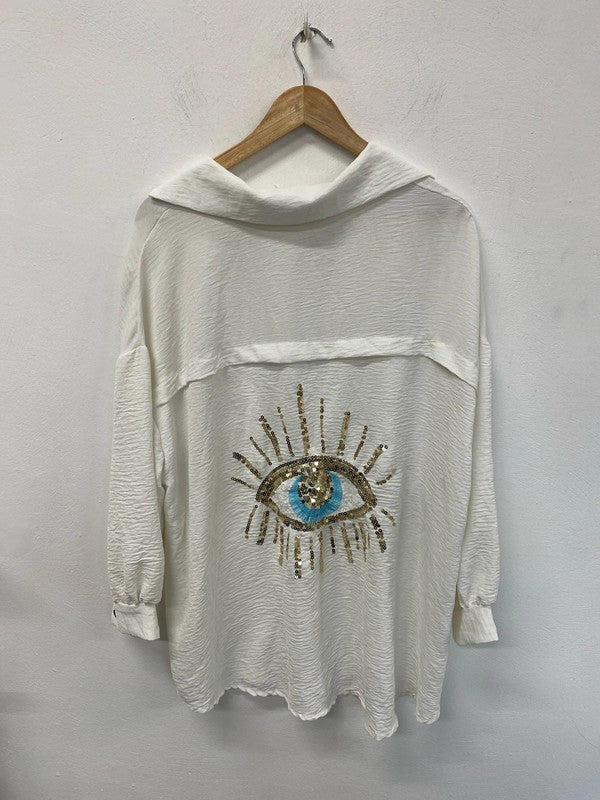 Made In Italy Fabulous White Sequin Eye Motif Oversize Blouse Size L VW001
