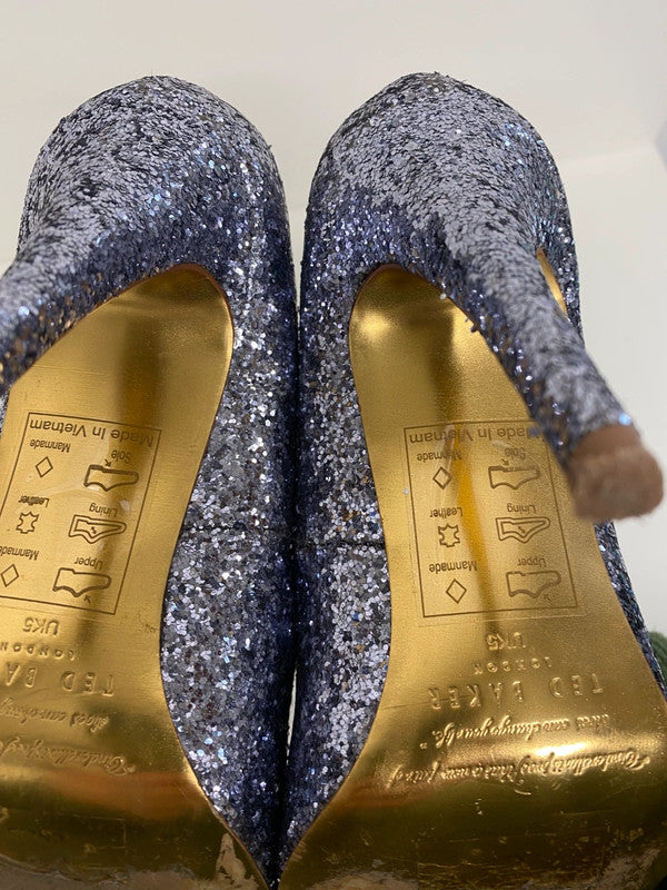 Fabulous Ted Baker Mayter pewter silver glitter stilettos Uk5 JA002