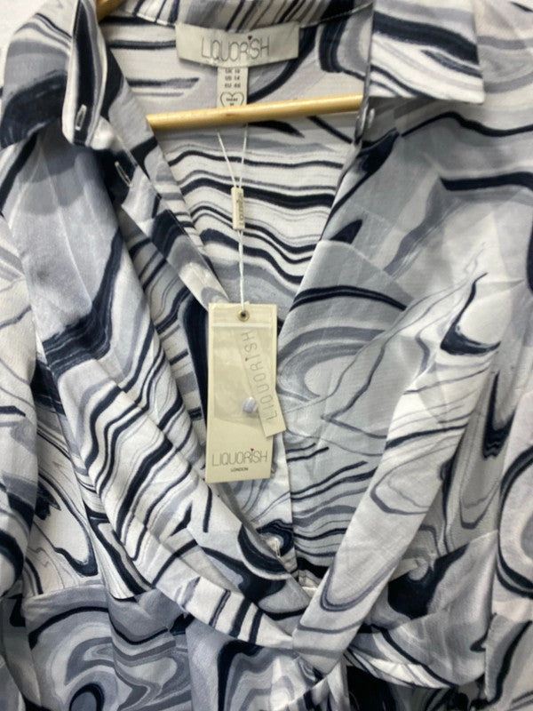 Fabulous Liquorish Black white swirl dress faux wrap Uk18 New LG006