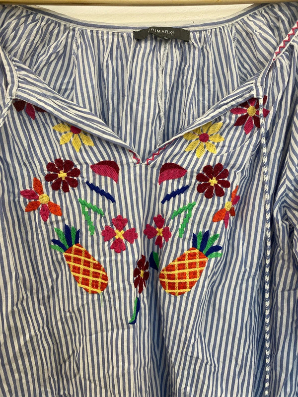 Primark Fabulous Blue & White Embroidered Tassel Accent Smock Top Size M IM001