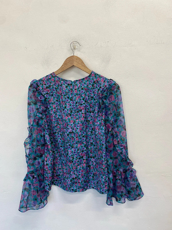Lovely French connection floral frill blue blouse UK S HDR01