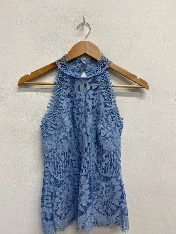 Stunning lipsy London blue lace Halterneck top UK 8 KM004