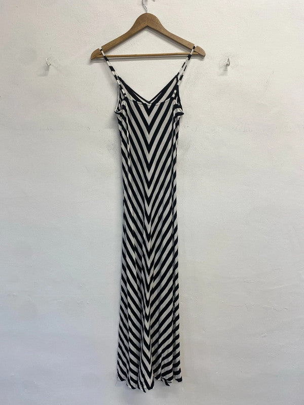 Stunning very black white stripe maxi summer dress UK 12 GJ001