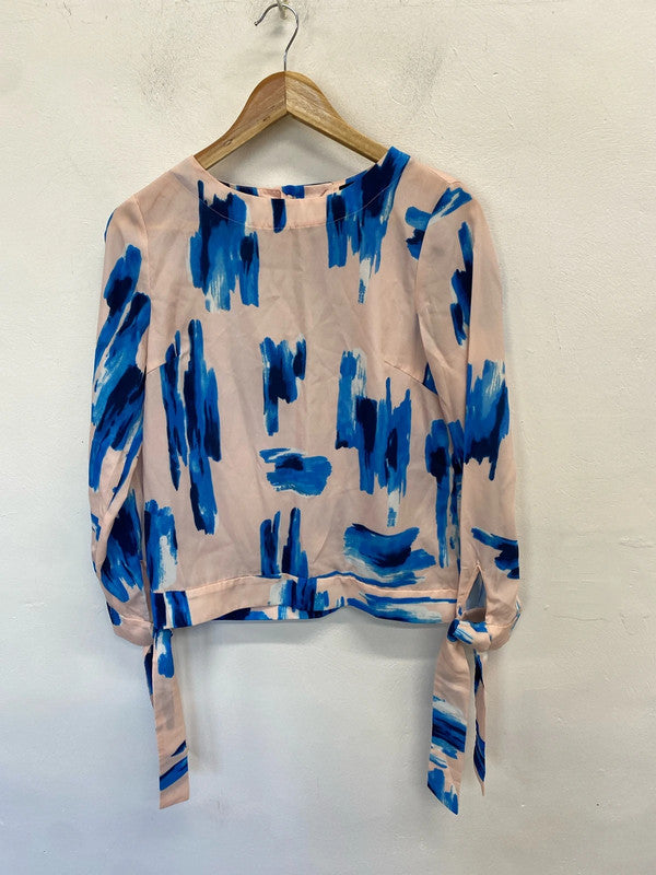 Lovely French blue pink tie cuff blouse UK S AG005