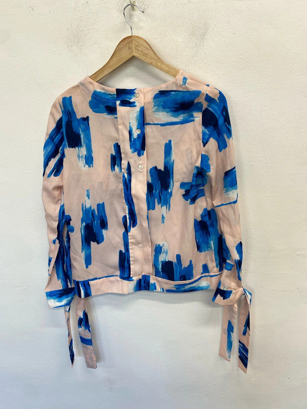 Lovely French blue pink tie cuff blouse UK S AG005