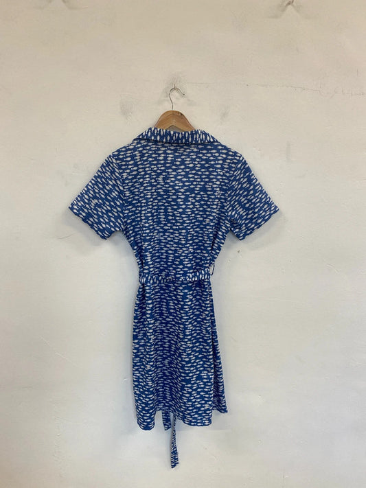Unbranded Preppy Blue Fish Pattern Belted Mini Dress UK 12 EL001