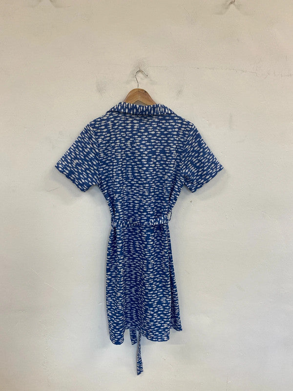 Unbranded Preppy Blue Fish Pattern Belted Mini Dress UK 12 EL001
