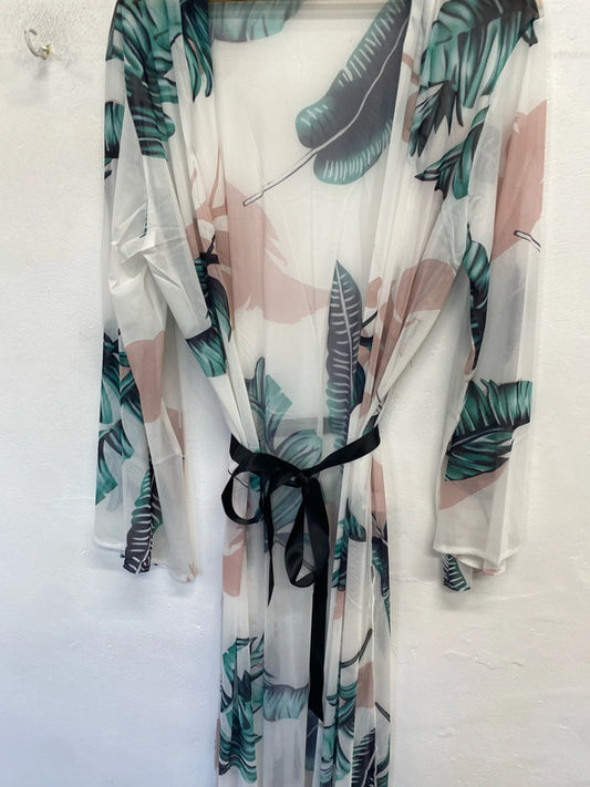 Lovely botanical sheer floral Shein kimono tie waist UK XL LD003