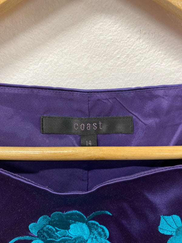 Coast Elegant Purple & Turquoise Floral Embroidered Satin Sheath Dress UK 14 AW002