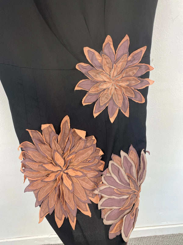 Kenzo Jeans Stylish Black Floral Appliqué Silk LBD Size M MS002