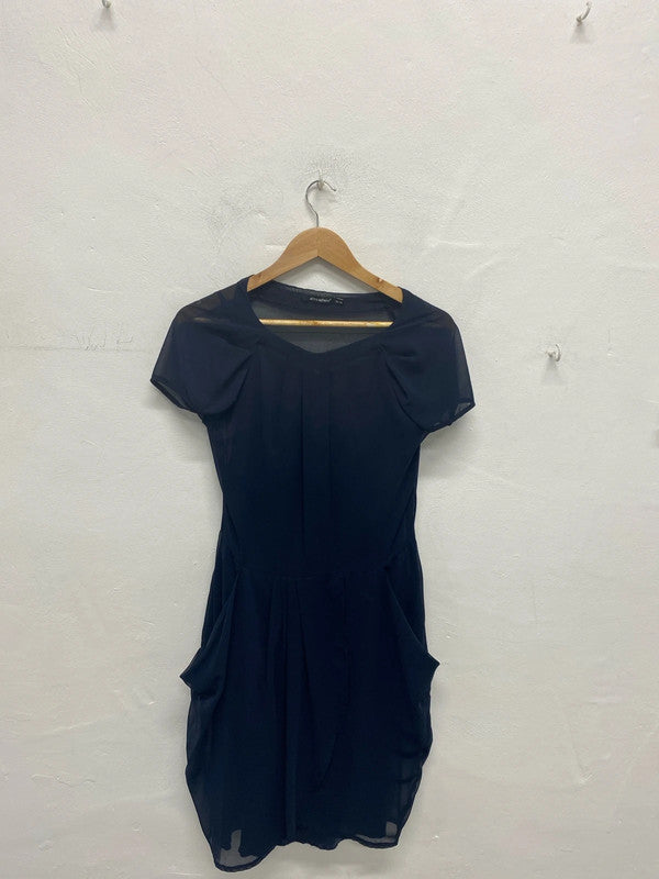 Stunning Navy sheer mesh with slip party occasion dress classy Uk10 MA003