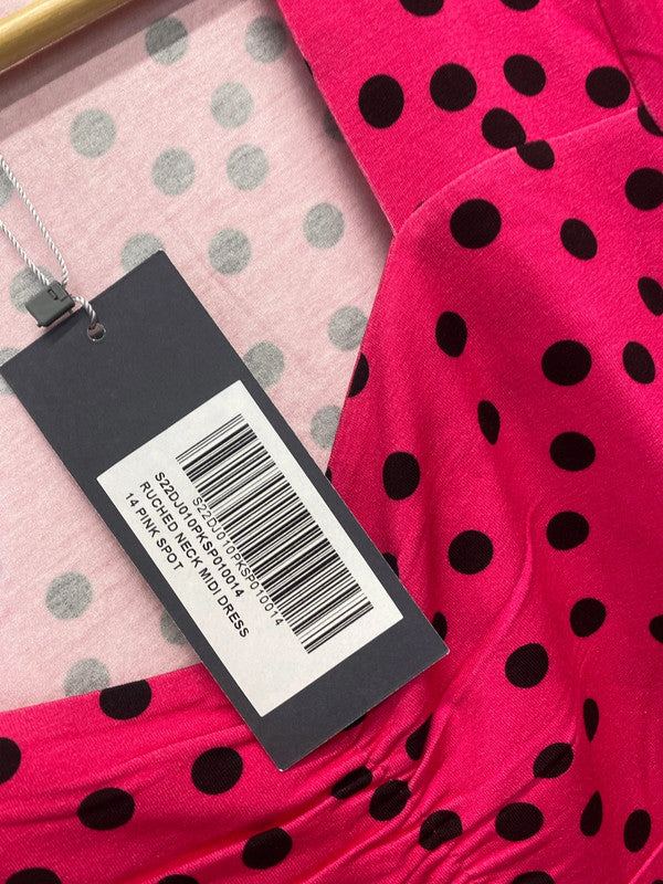 Stunning sosander pink polka ruffle midi dress nwt UK 14 LW005