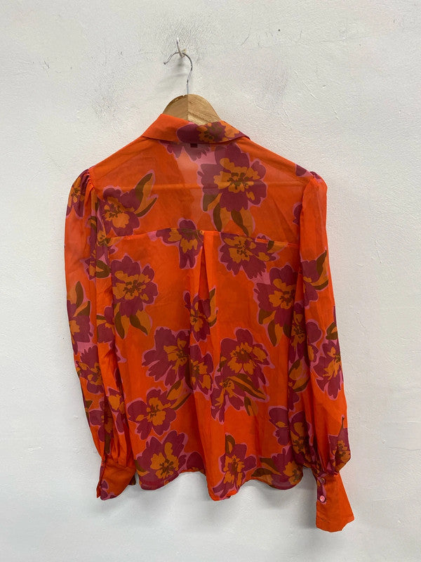 Lovely shein orange pink floral semi sheer blouse UK M JB001