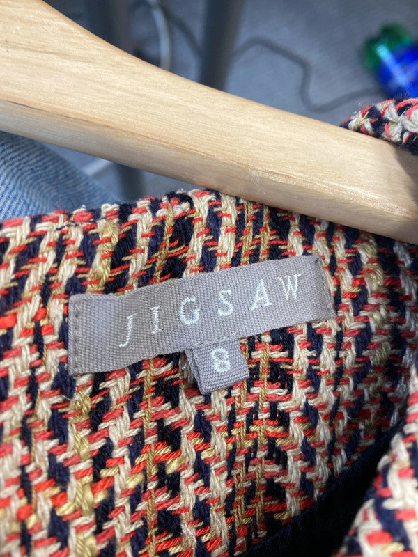 Fabulous Jigsaw Orange Navy check silk blend formal dress Uk8 AG006