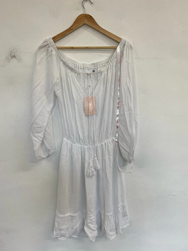 Missguided Stylish White Bardot Tassel Dress UK 10 Tall MB001