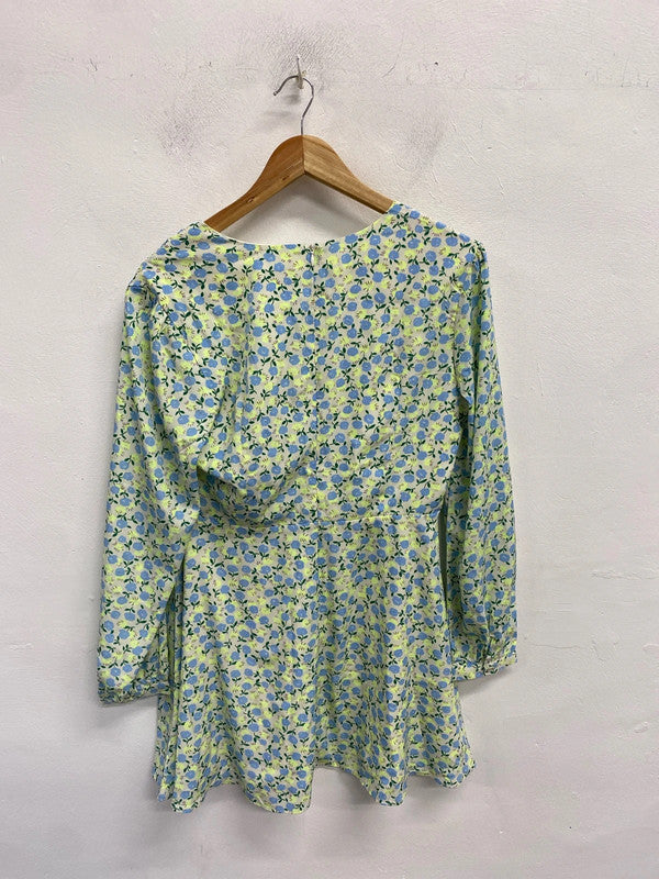 Lovely glamorous lime blue floral smock dress nwt UK 12 petite AE001