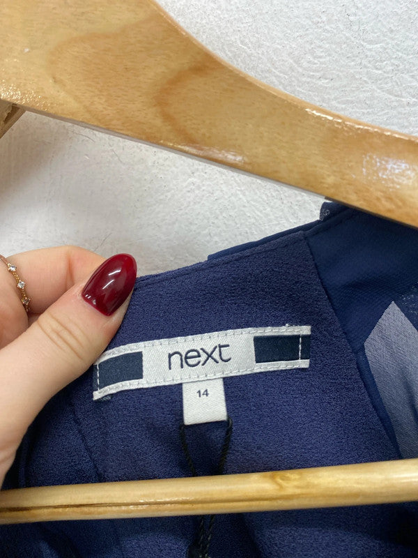 Gorgeous next navy sheer sleeve midi dress nwt UK 14 AO001