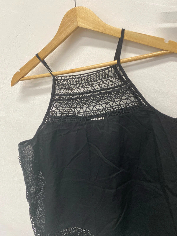 Fabulous Black broderie cotton boho top Uk M 12 NN001