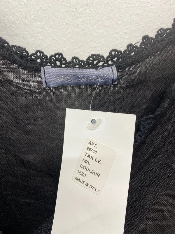 Made In Italy Chic Black Semi Sheer Wrap Midi Dress Size M-L KN003