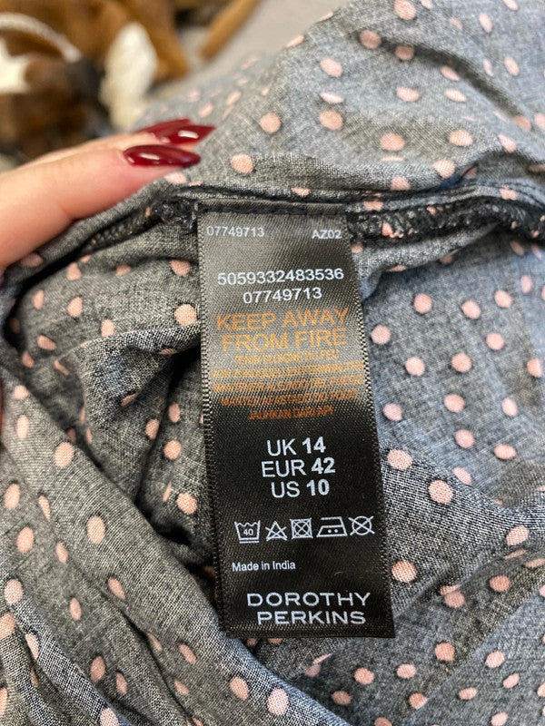 Lovely Dorothy Perkins black pink spotted midi smock dress UK 14 LN001