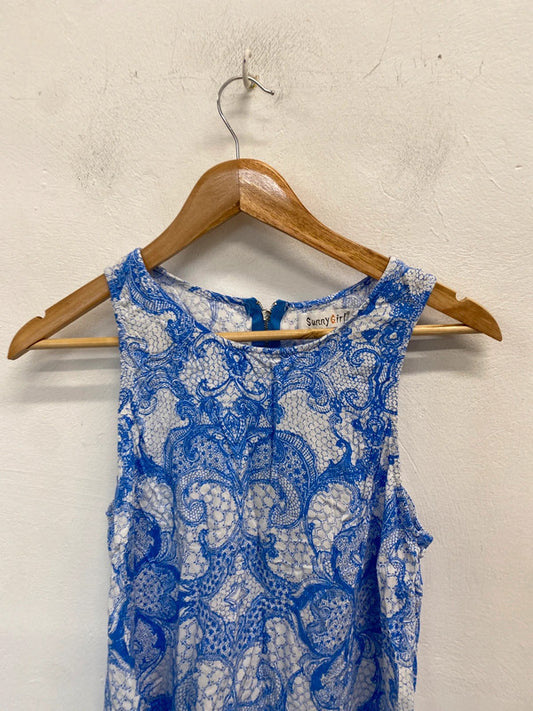 Lovely sunny girl mini blue white pattern dress UK 12 MS002